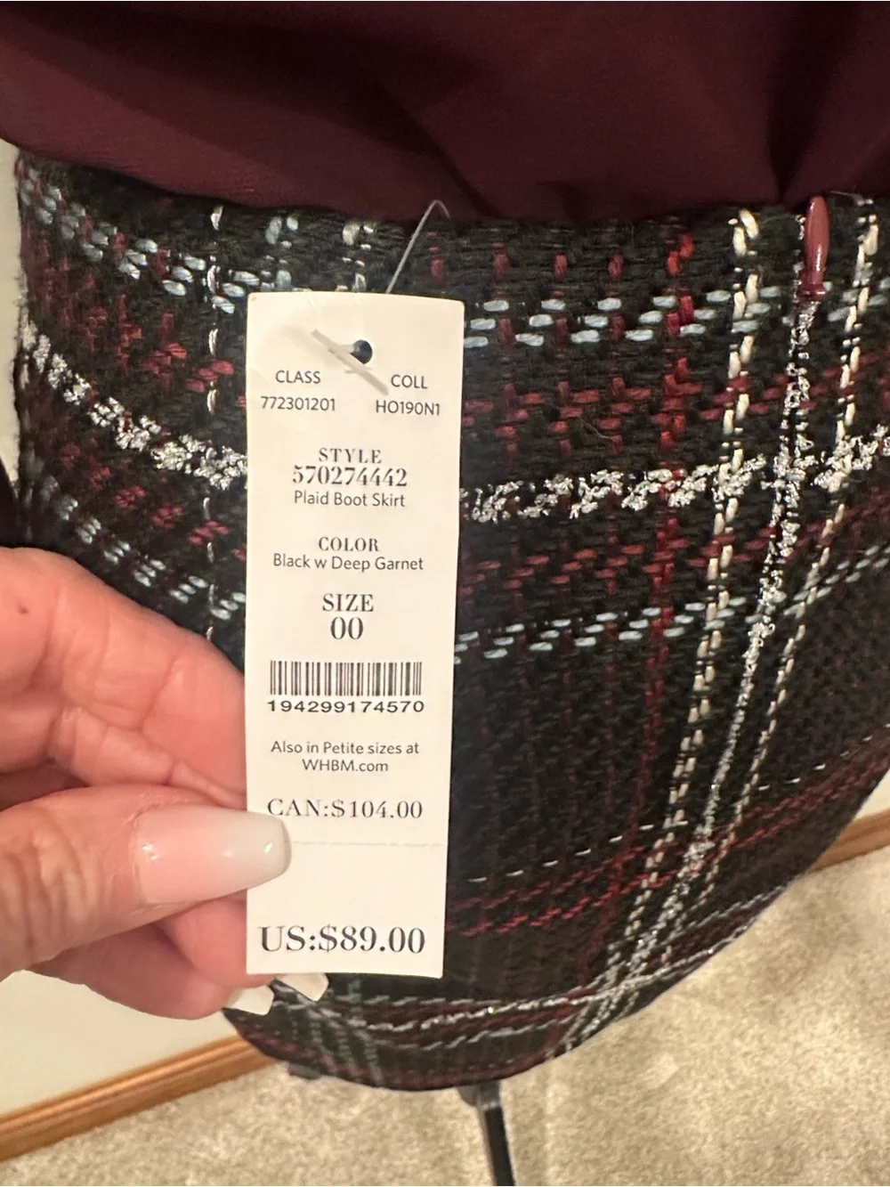 White House Black Market Black Plaid Tweed Boot Skirt with Burgundy Accents